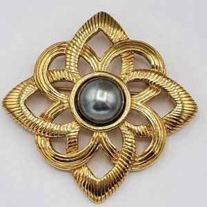 Vintage Avon Victorian Style Gold Tone Gray Faux Pearl Pin Brooch Art Deco
